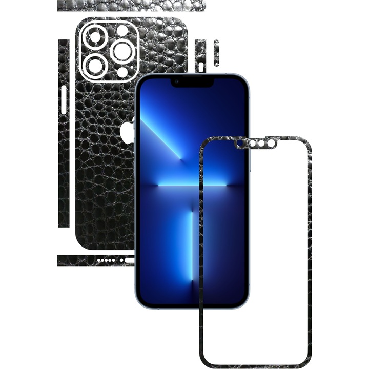 Folie Protectie Carbon Skinz pentru Apple iPhone 13 Pro Max - Piele neagra crocodil Split Cut, Skin Adeziv Full Body Cover pentru Rama Ecran, Carcasa Spate si Laterale