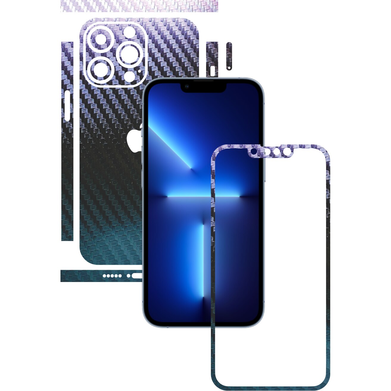 Folie Protectie Carbon Skinz pentru Apple iPhone 13 Pro Max - Carbon Cameleon Split Cut, Skin Adeziv Full Body Cover pentru Rama Ecran, Carcasa Spate si Laterale