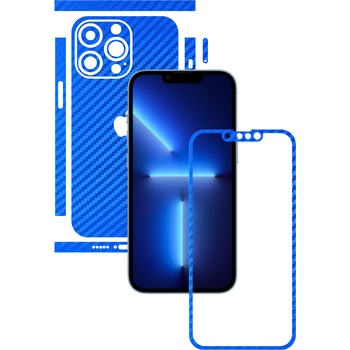 Folie Protectie Carbon Skinz pentru Apple iPhone 13 Pro Max - Carbon Albastru Split Cut, Skin Adeziv Full Body Cover pentru Rama Ecran, Carcasa Spate si Laterale