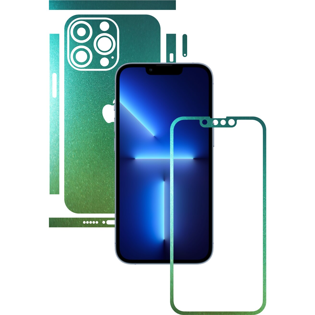 Folie Protectie Carbon Skinz pentru Apple iPhone 13 Pro Max - Color Shift Aquamarine Split Cut, Skin Adeziv Full Body Cover pentru Rama Ecran, Carcasa Spate si Laterale