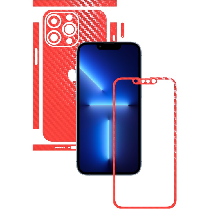 Folie Protectie Carbon Skinz pentru Apple iPhone 13 Pro Max - Carbon Rosu Split Cut, Skin Adeziv Full Body Cover pentru Rama Ecran, Carcasa Spate si Laterale
