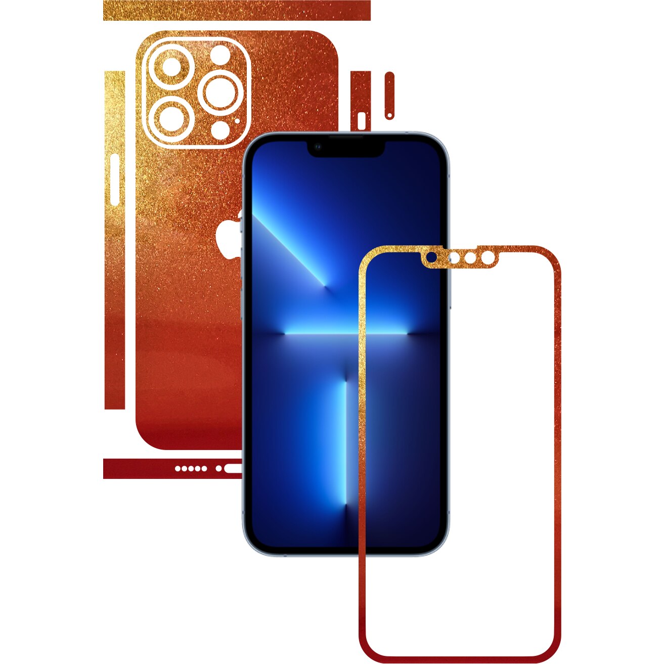 Folie Protectie Carbon Skinz pentru Apple iPhone 13 Pro Max - Color Shift Sunset Split Cut, Skin Adeziv Full Body Cover pentru Rama Ecran, Carcasa Spate si Laterale