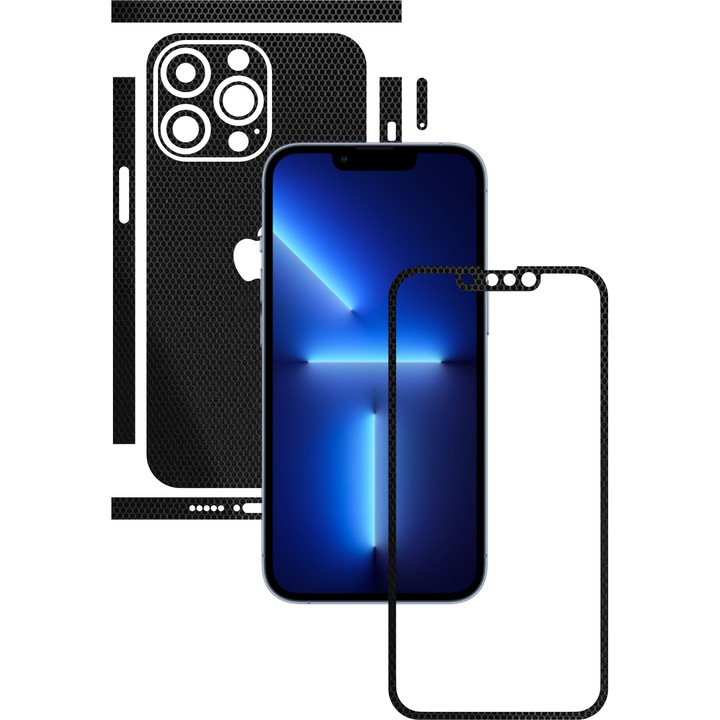 Folie Protectie Carbon Skinz pentru Apple iPhone 13 Pro Max - Matrix Negru Black Split Cut, Skin Adeziv Full Body Cover pentru Rama Ecran, Carcasa Spate si Laterale