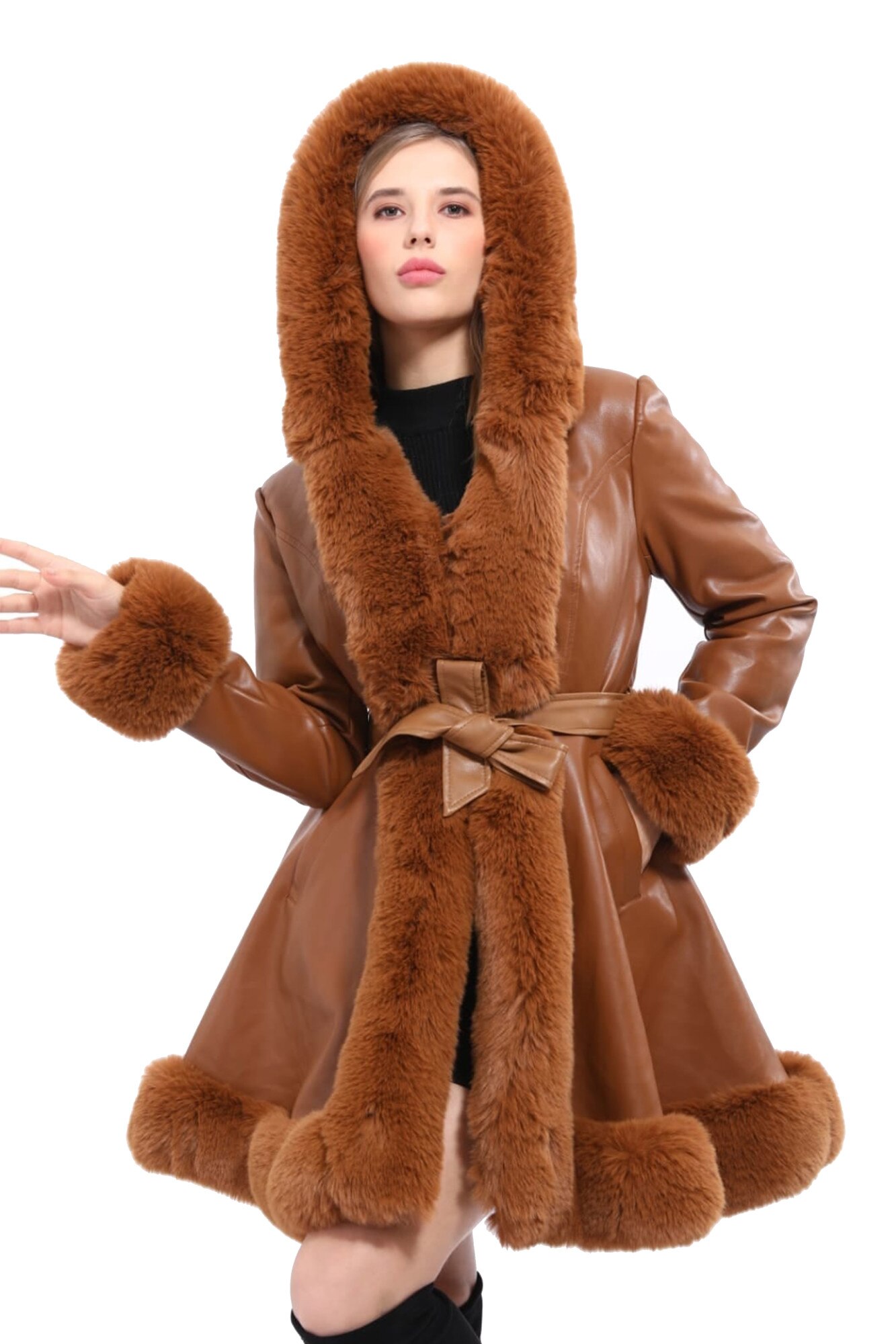 Palton imblanit la interior din piele eco cu insertii blanita Monalisa, Maro