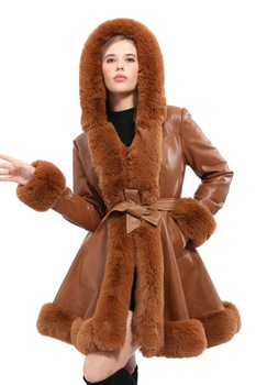 Palton imblanit la interior din piele eco cu insertii blanita Monalisa, Maro Palton imblanit la interior din piele eco cu insertii blanita Monalisa, Maro