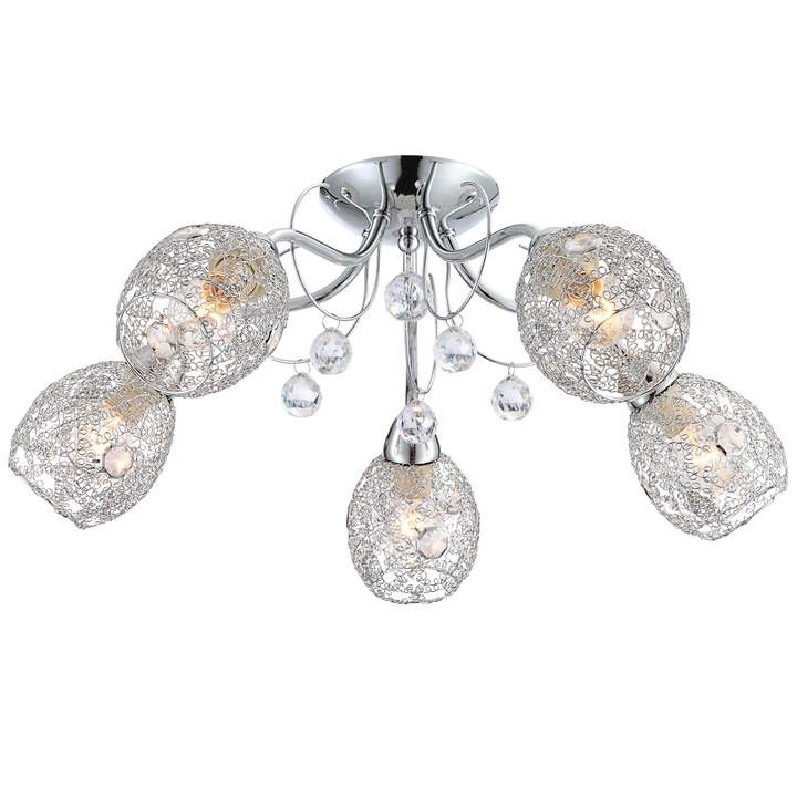Полилей DacEnergy©, метална конструкция, 5 рамена с хромирани абажури, цокъл E14, 40W, 540 x 220 мм, декориран със стъкло с кристален ефект
