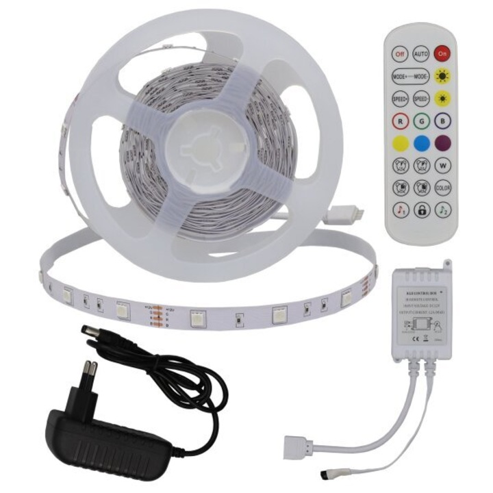 Комплект RGB LED лента Optonica, 5050 Диод, С адаптер, Инфрачервен контролер, С дицтанционно, 5 метра