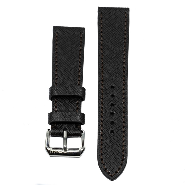 Curea ceas, unisex, din piele naturala Saffiano, maro inchis, 22mm