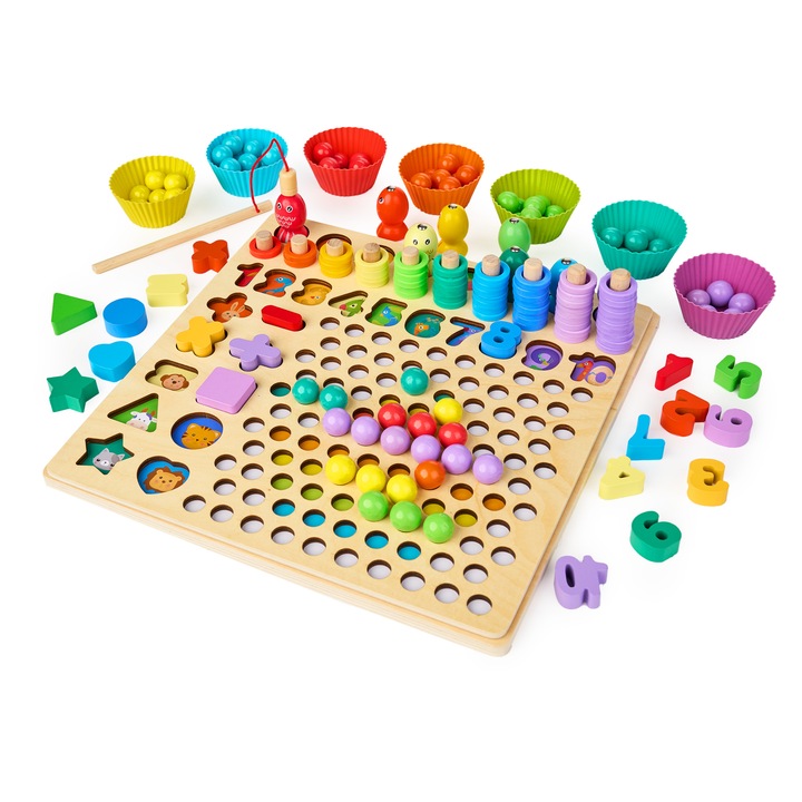 Joc educativ Montessori 5 in 1 Logaritmic, Indemanare si sortare, lemn, + 3 ani