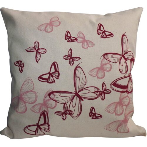 Perna decor, bej si rosu si roz, bumbac plus fibra siliconizata, cu print fluturi, 45 x 45 cm