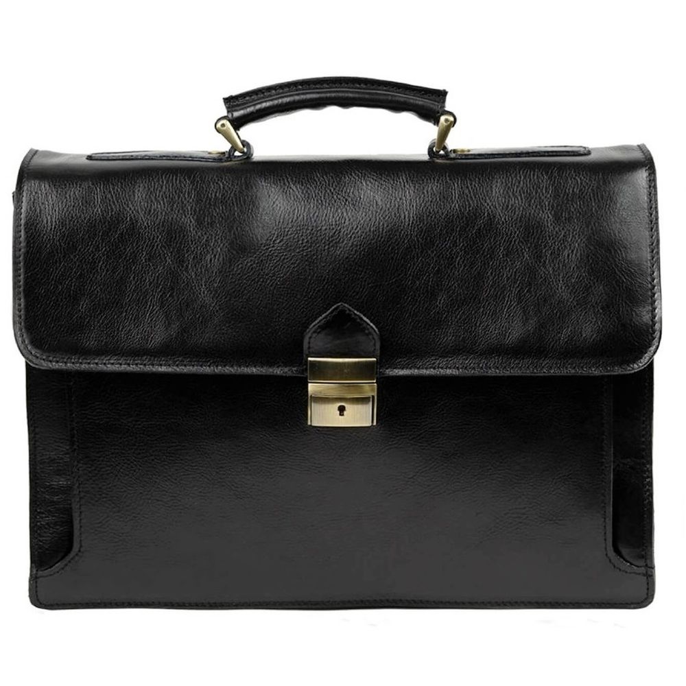 Servieta office din piele naturala, port laptop 14”, trei compartimente, negru, 4889