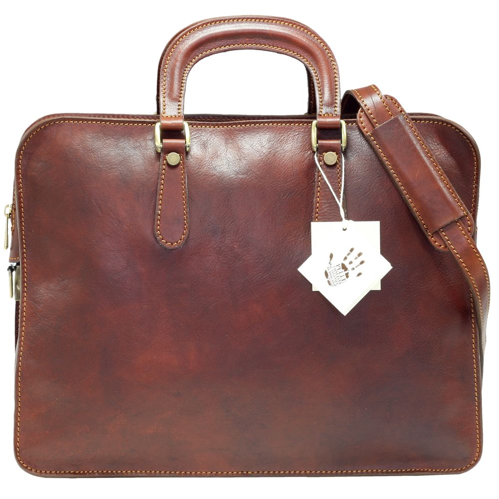 Servieta port laptop 14”, din piele naturala vachetta, coniac, L4602A