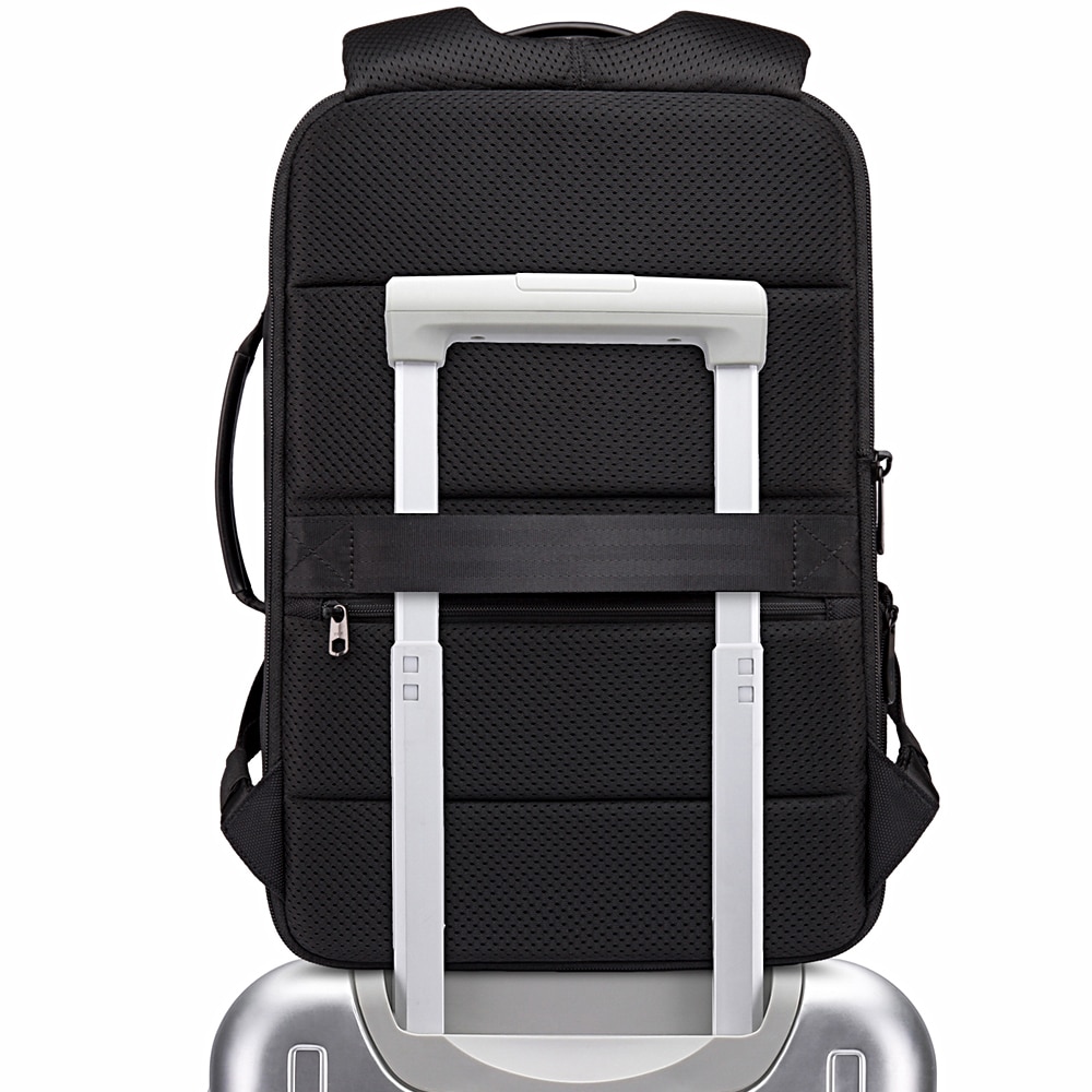 Rucsac laptop 15.6", smart casual, impermeabil, cu insertie de piele ecologica, port de incarcare USB si jack audio, BANGE, 43x31x16 cm, Negru