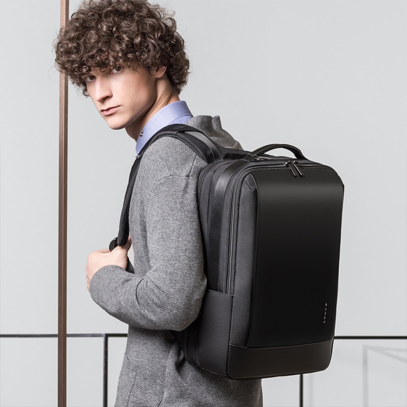 Rucsac laptop 15.6", smart casual, impermeabil, cu insertie de piele ecologica, port de incarcare USB si jack audio, BANGE, 43x31x16 cm, Negru