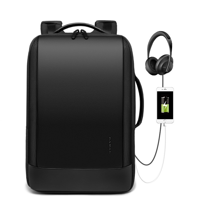 Rucsac laptop 15.6", smart casual, impermeabil, cu insertie de piele ecologica, port de incarcare USB si jack audio, BANGE, 43x31x16 cm, Negru