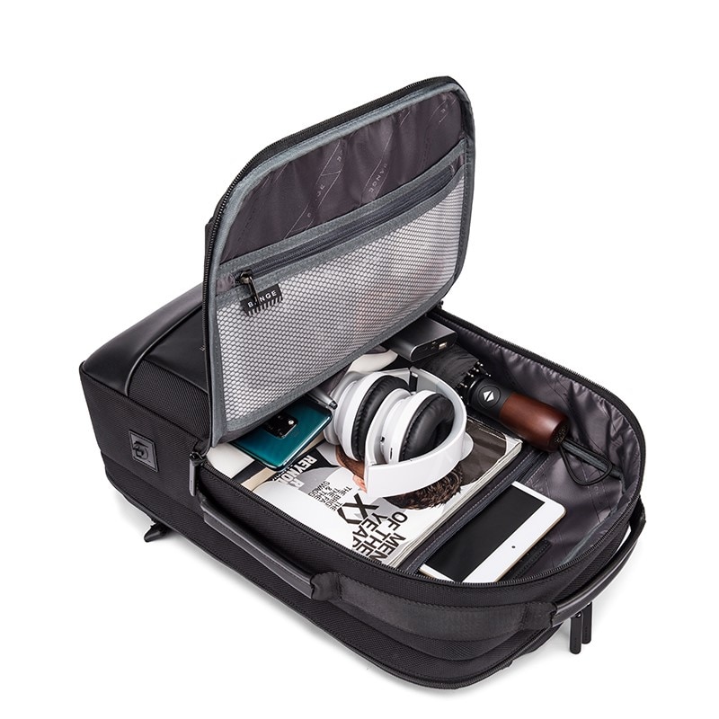Rucsac laptop 15.6", smart casual, impermeabil, cu insertie de piele ecologica, port de incarcare USB si jack audio, BANGE, 43x31x16 cm, Negru