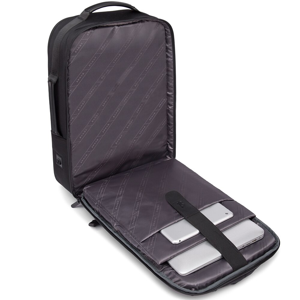 Rucsac laptop 15.6", smart casual, impermeabil, cu insertie de piele ecologica, port de incarcare USB si jack audio, BANGE, 43x31x16 cm, Negru
