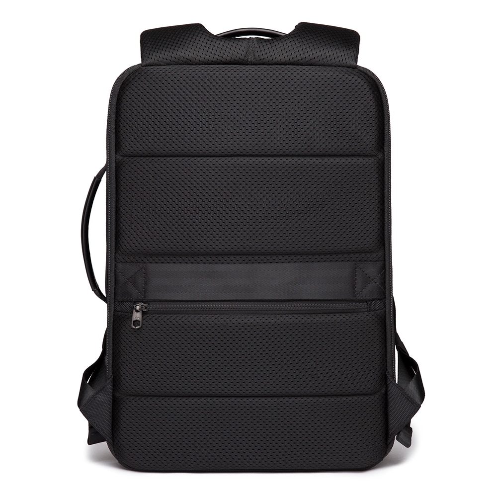 Rucsac laptop 15.6", smart casual, impermeabil, cu insertie de piele ecologica, port de incarcare USB si jack audio, BANGE, 43x31x16 cm, Negru