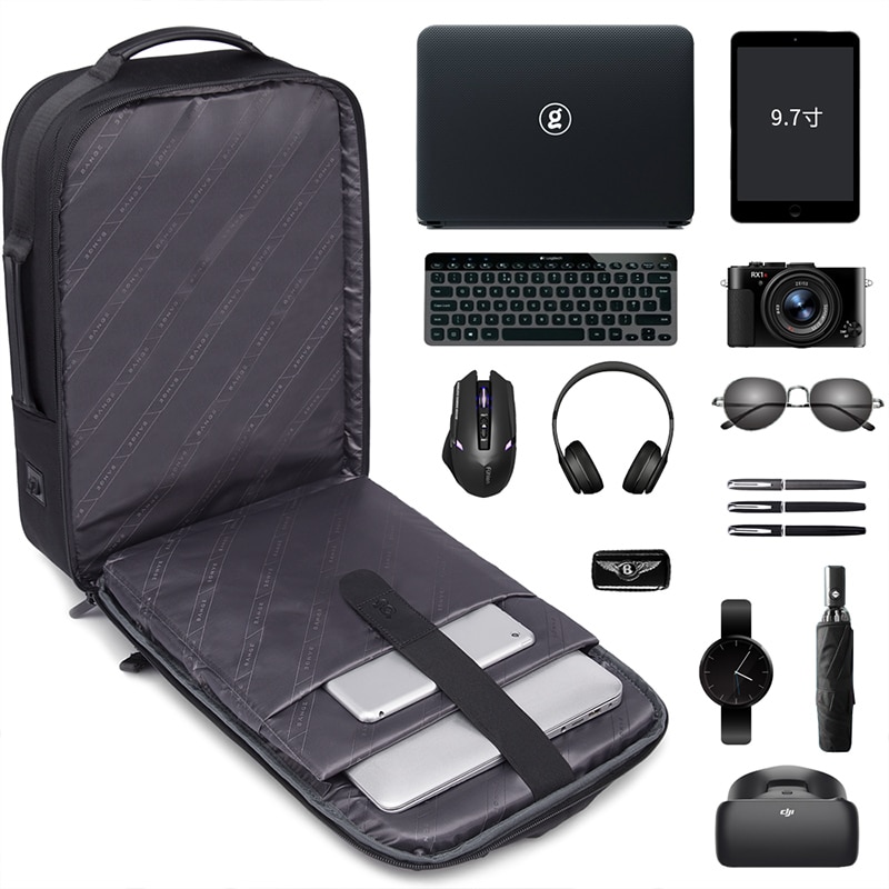 Rucsac laptop 15.6", smart casual, impermeabil, cu insertie de piele ecologica, port de incarcare USB si jack audio, BANGE, 43x31x16 cm, Negru
