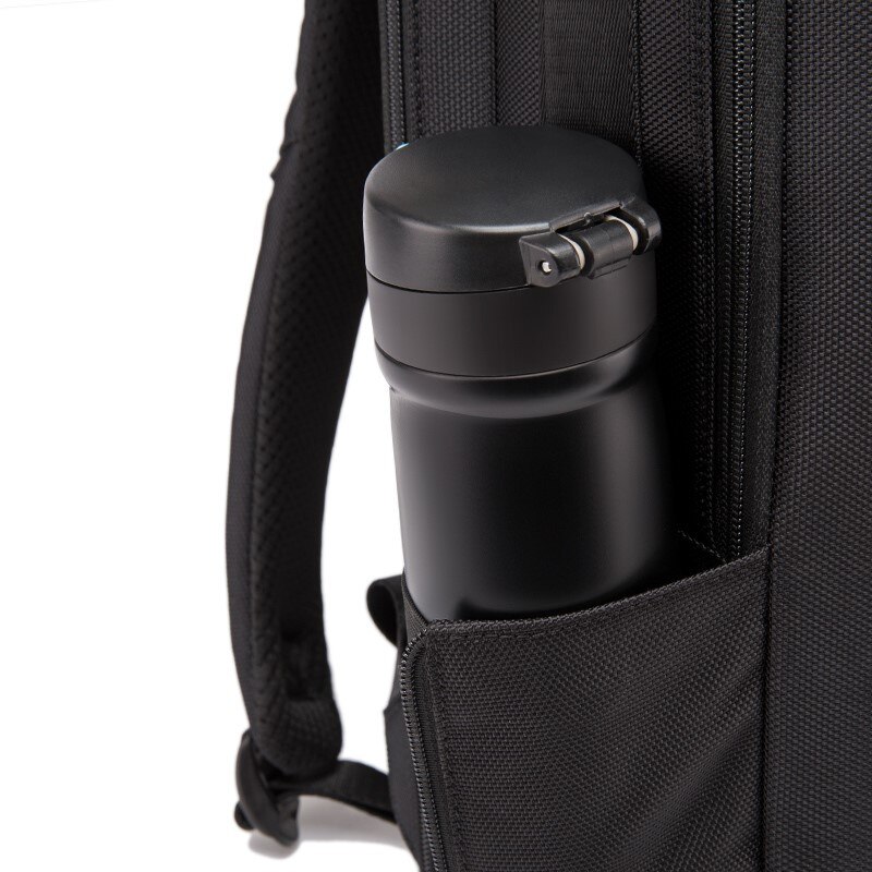 Rucsac laptop 15.6", smart casual, impermeabil, cu insertie de piele ecologica, port de incarcare USB si jack audio, BANGE, 43x31x16 cm, Negru