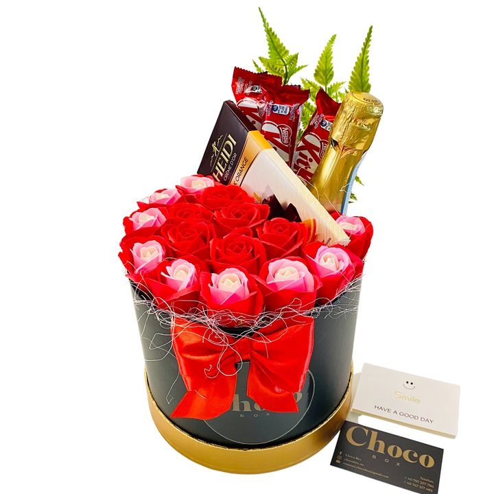 Cutie Cadou, ChocoBox, cu Sampanie Bottega, 15 Trandafiri si Ciocolata