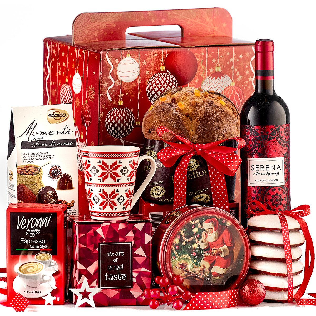 Cutie Cadou Moments of Joy cu Vin Serena , Panettone, Praline Momenti, Turta Dulce ,cafea Verroni