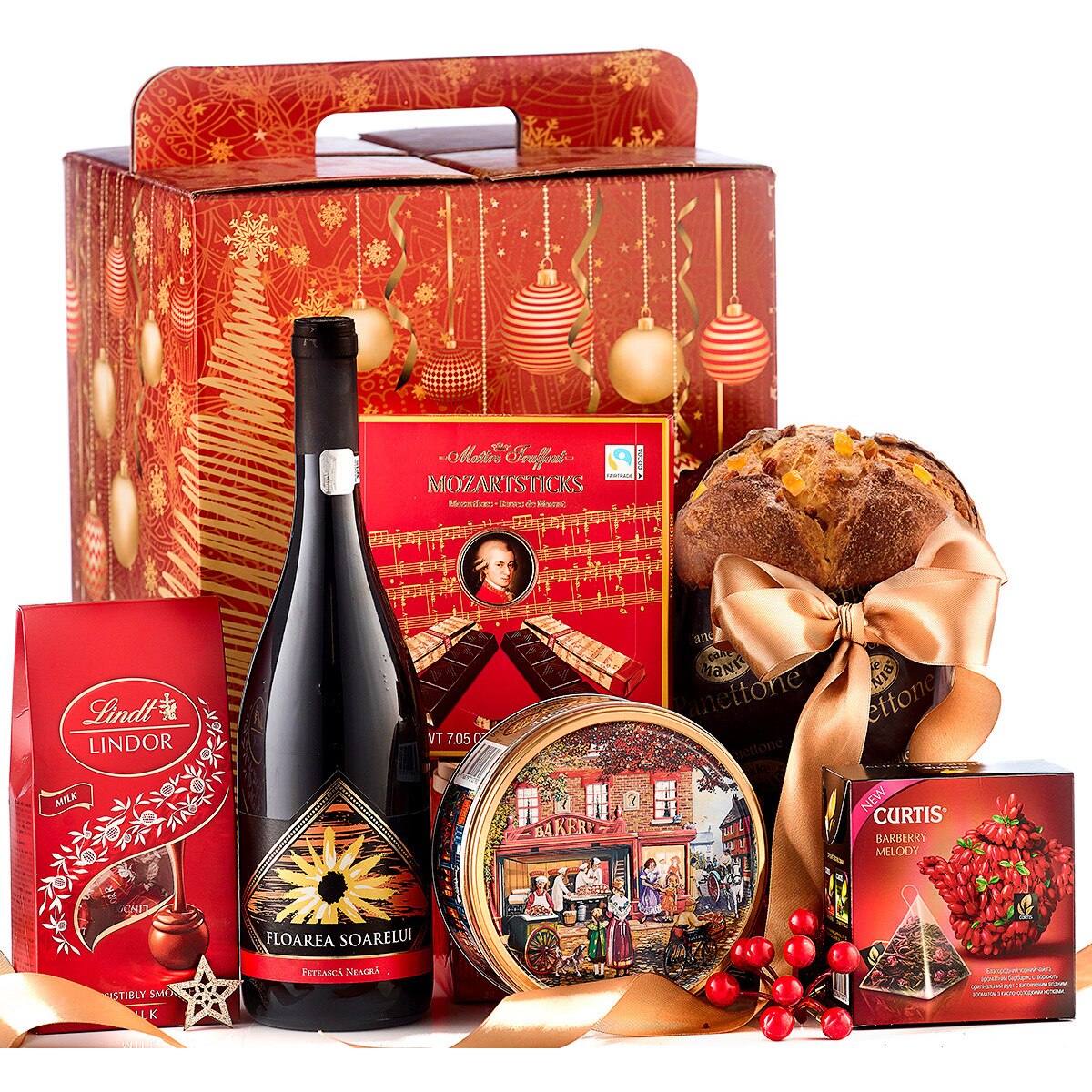 Cutie Cadou Make it Bright cu Vin Floarea Soarelui, Panettone,Fursecuri, Bomboane Mozart,Ceai Curtis