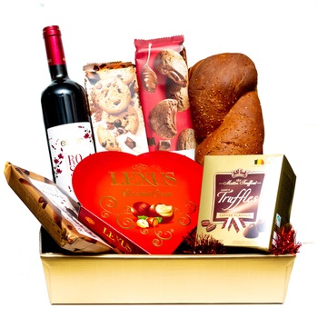 Cos Cadou de Craciun cu Cozonac, Vin si Dulciuri, Auriu Cos Cadou de Craciun cu Cozonac, Vin si Dulciuri, Auriu