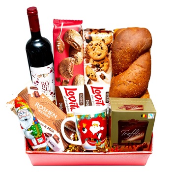 Cos Cadou de Craciun cu Cozonac, Vin si Dulciuri, Cana Cadou Cos Cadou de Craciun cu Cozonac, Vin si Dulciuri, Cana Cadou