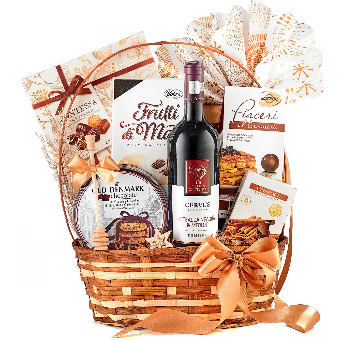 Cos Cadou Savory cu Vin Ceptura,Panettone, Praline Piaceri,Bomboane Fontessa,Fursecuri, Lamanare