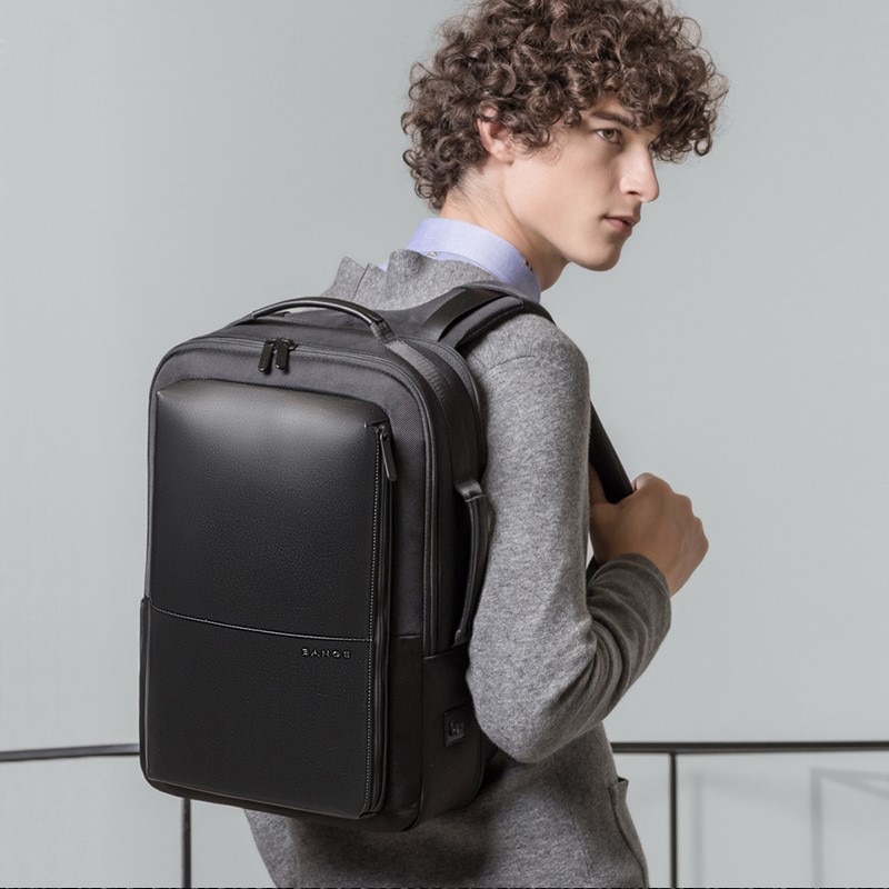 Rucsac laptop 15.6", smart casual, expandabil, cu insertie de piele ecologica, port de incarcare USB si jack audio, BANGE, 43x31x16 cm, Negru