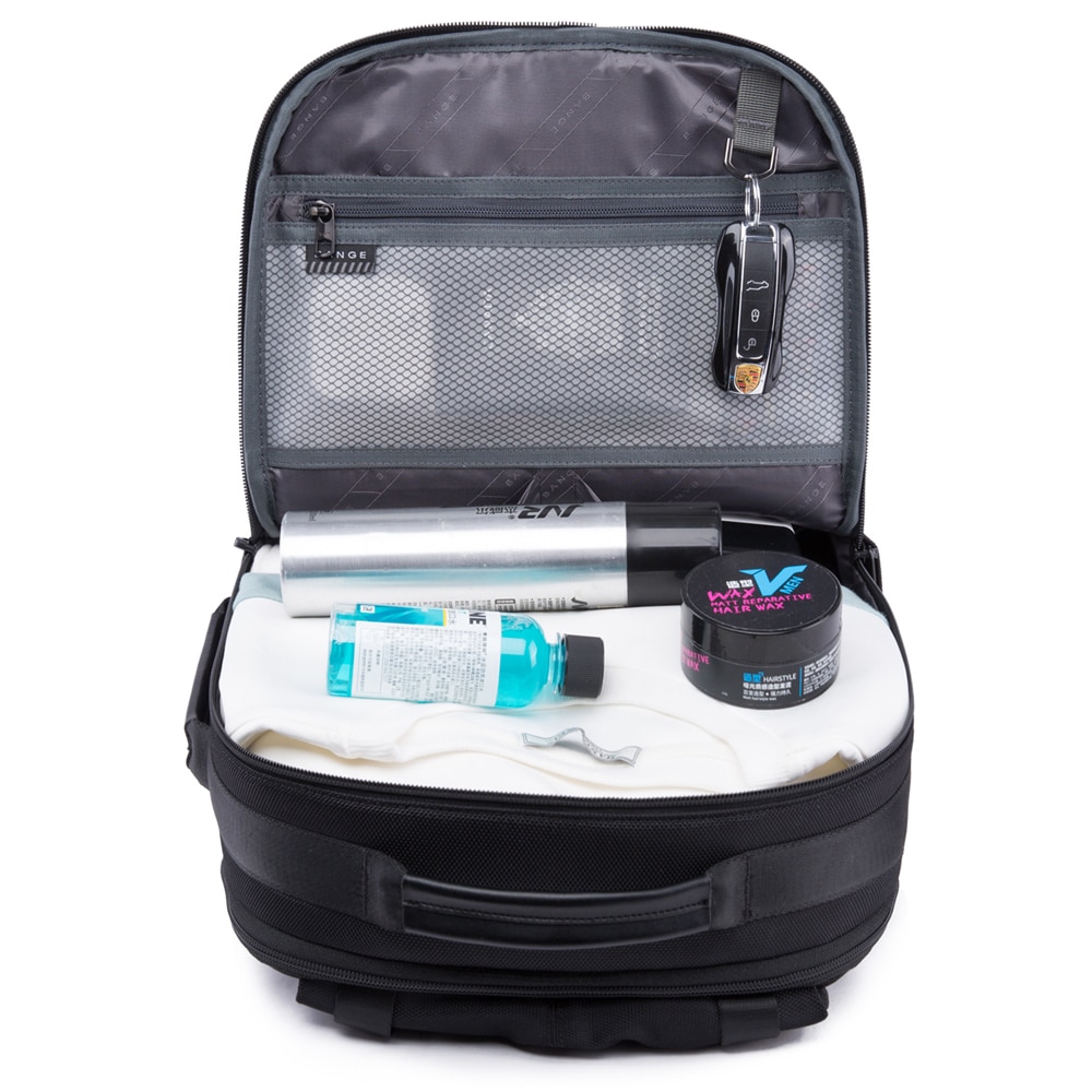 Rucsac laptop 15.6", smart casual, expandabil, cu insertie de piele ecologica, port de incarcare USB si jack audio, BANGE, 43x31x16 cm, Negru
