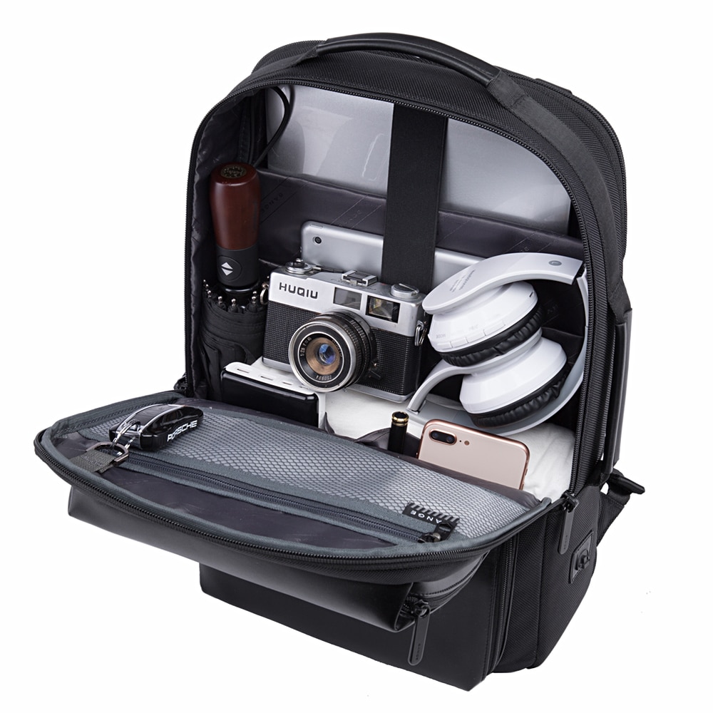 Rucsac laptop 15.6", smart casual, expandabil, cu insertie de piele ecologica, port de incarcare USB si jack audio, BANGE, 43x31x16 cm, Negru