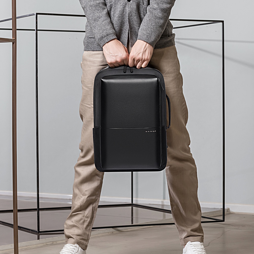 Rucsac laptop 15.6", smart casual, expandabil, cu insertie de piele ecologica, port de incarcare USB si jack audio, BANGE, 43x31x16 cm, Negru