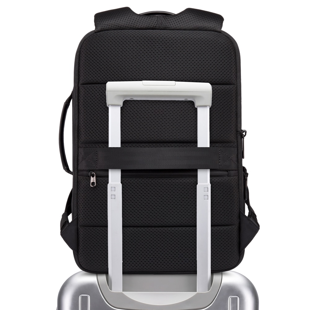 Rucsac laptop 15.6", smart casual, expandabil, cu insertie de piele ecologica, port de incarcare USB si jack audio, BANGE, 43x31x16 cm, Negru