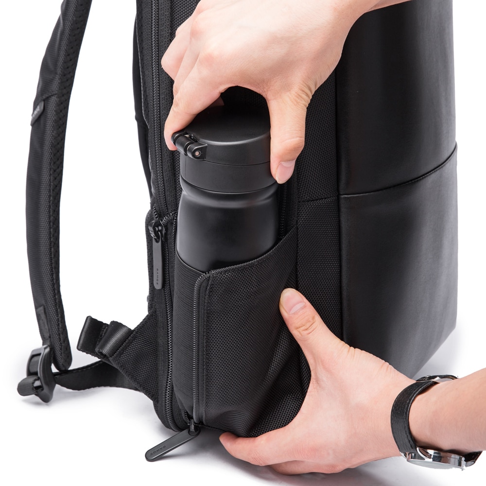 Rucsac laptop 15.6", smart casual, expandabil, cu insertie de piele ecologica, port de incarcare USB si jack audio, BANGE, 43x31x16 cm, Negru