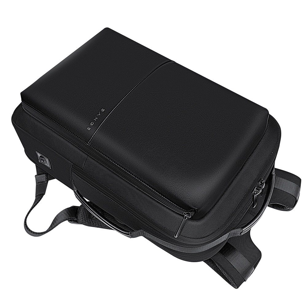 Rucsac laptop 15.6", smart casual, expandabil, cu insertie de piele ecologica, port de incarcare USB si jack audio, BANGE, 43x31x16 cm, Negru
