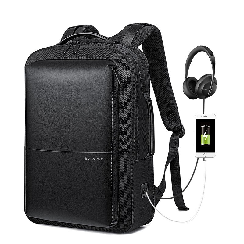 Rucsac laptop 15.6", smart casual, expandabil, cu insertie de piele ecologica, port de incarcare USB si jack audio, BANGE, 43x31x16 cm, Negru