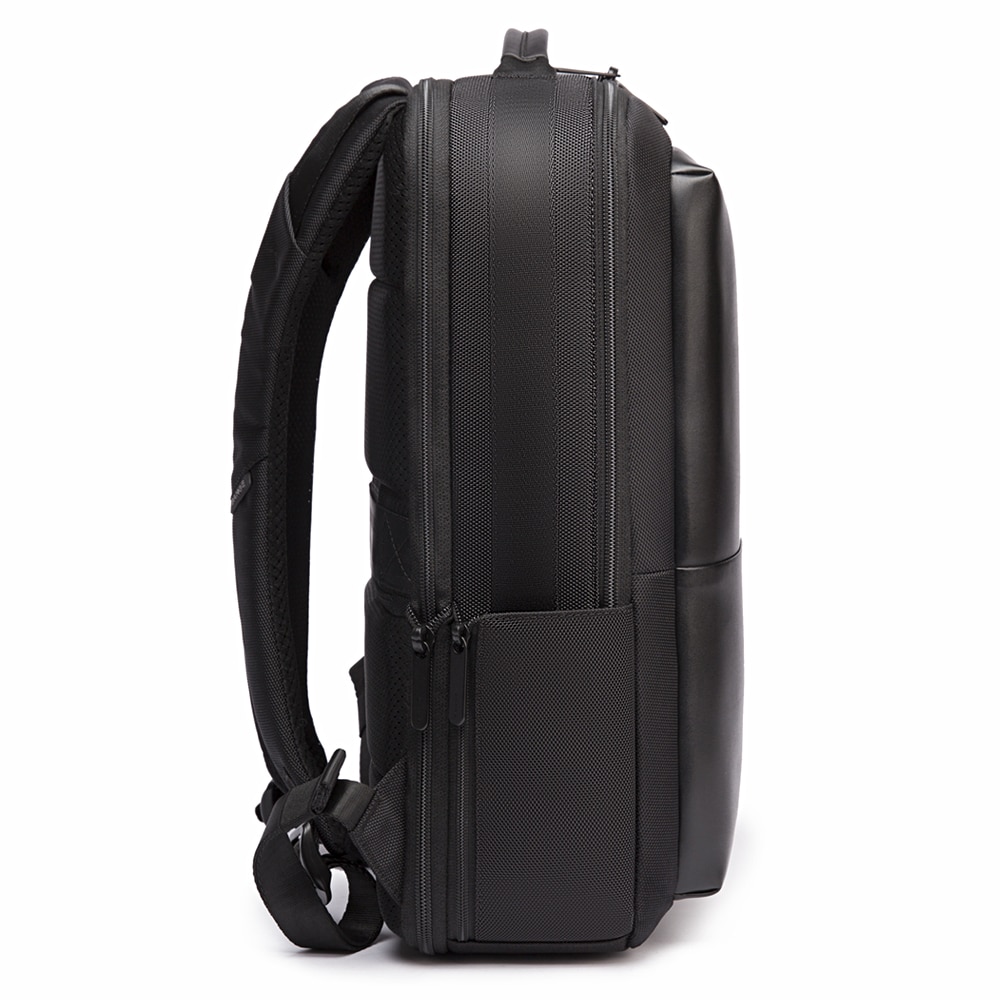 Rucsac laptop 15.6", smart casual, expandabil, cu insertie de piele ecologica, port de incarcare USB si jack audio, BANGE, 43x31x16 cm, Negru
