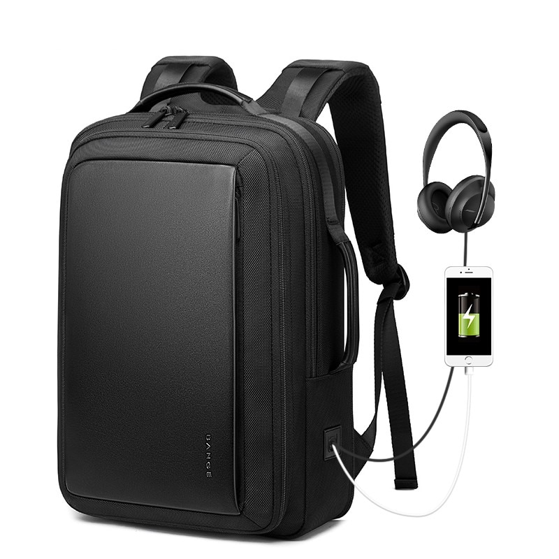 Rucsac laptop 15.6", smart business, expandabil, cu insertie de piele ecologica, port de incarcare USB si jack audio, BANGE, 43x31x16 cm, Negru
