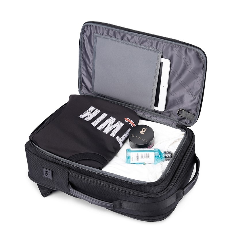 Rucsac laptop 15.6", smart business, expandabil, cu insertie de piele ecologica, port de incarcare USB si jack audio, BANGE, 43x31x16 cm, Negru