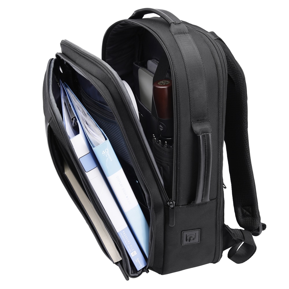 Rucsac laptop 15.6", smart business, expandabil, cu insertie de piele ecologica, port de incarcare USB si jack audio, BANGE, 43x31x16 cm, Negru
