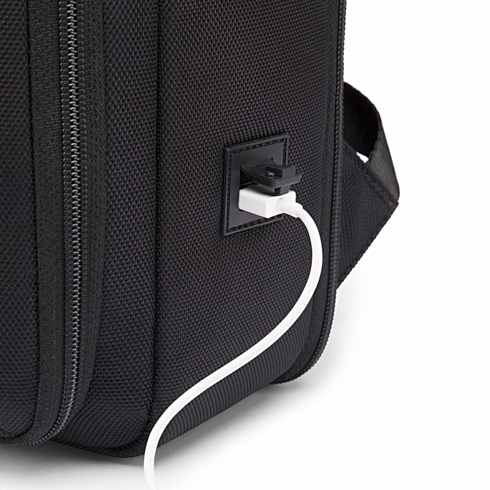 Rucsac laptop 15.6", smart business, expandabil, cu insertie de piele ecologica, port de incarcare USB si jack audio, BANGE, 43x31x16 cm, Negru