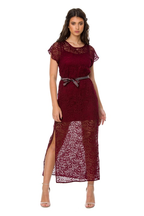 Elegáns női ruha, NATIV, sima, poliészter, bordó