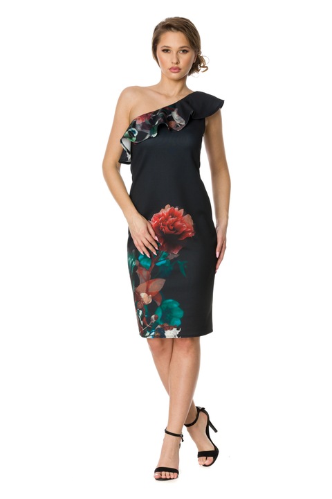 Elegáns női ruha, NATIVE, virágos, poliészter, fekete