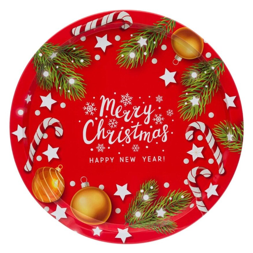 Platou de bucatarie, Zola®, metalic, pentru sarbatori rosu cu globulete, 32 cm