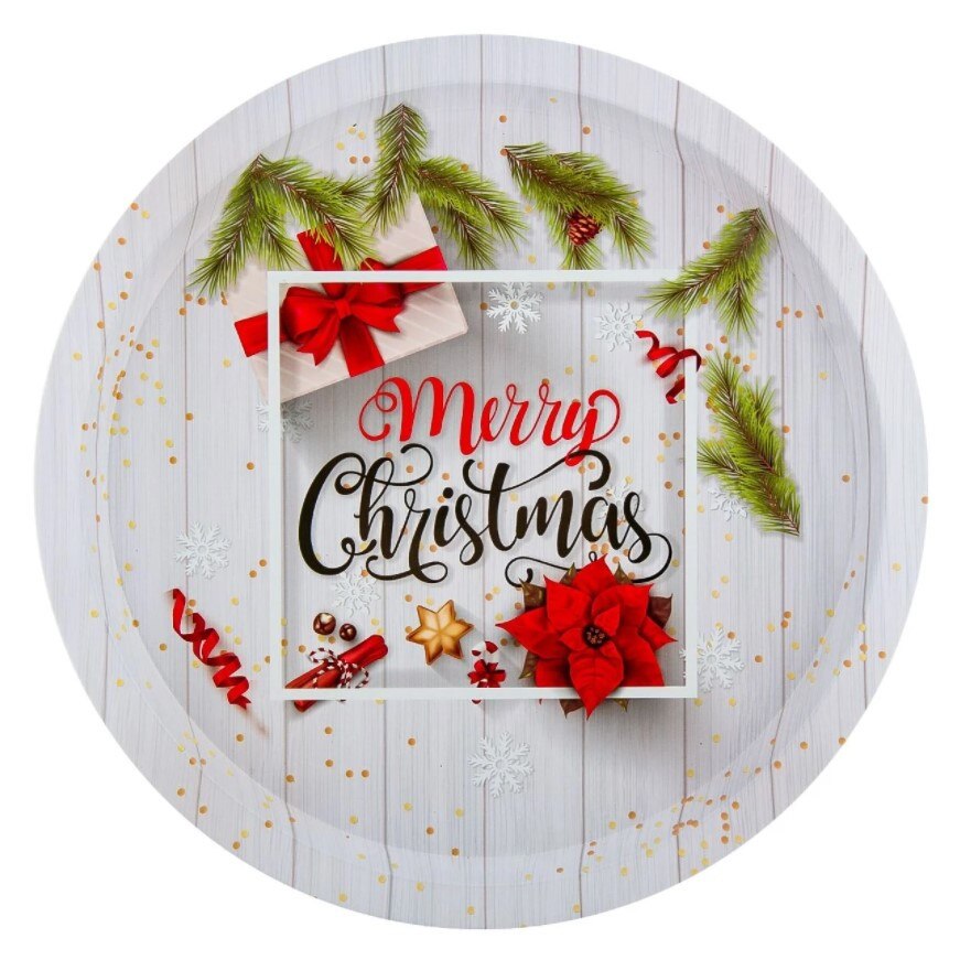 Platou de bucatarie, Zola®, metalic, pentru sarbatori alb, Merry Christmas, 32 cm
