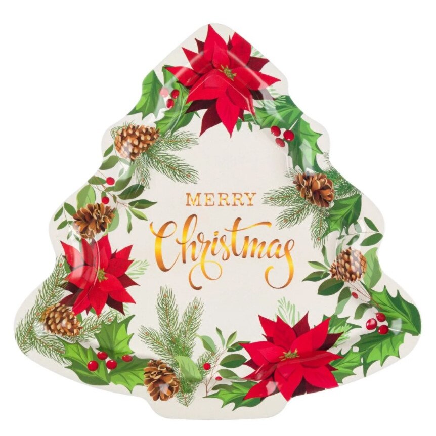 Platou de bucatarie, Zola®, metalic, pentru sarbatori, forma de bradut, Merry Christmas, 30x31 cm