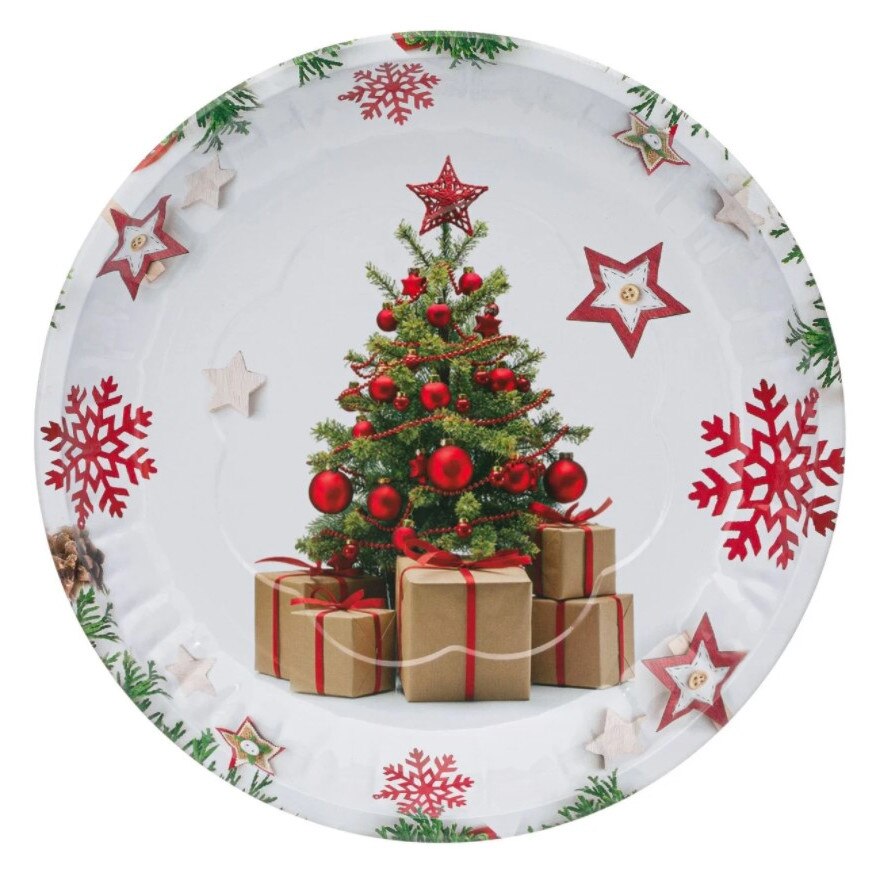 Platou de bucatarie, Zola®, metalic, pentru sarbatori alb cu bradut si cadouri, 26 cm