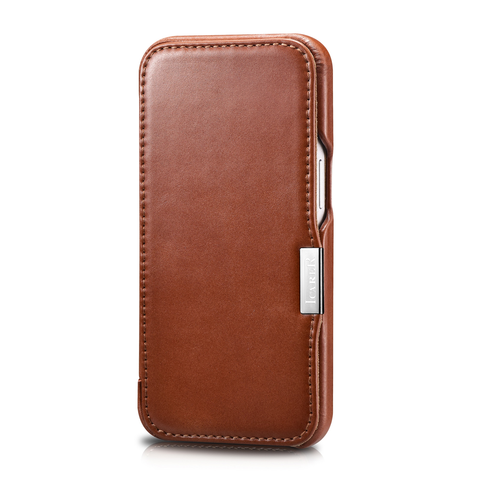 Husa pentru iPhone 13 Pro, iCARER, piele naturala, tip carte, inchidere magnetica, culoare Maro coniac